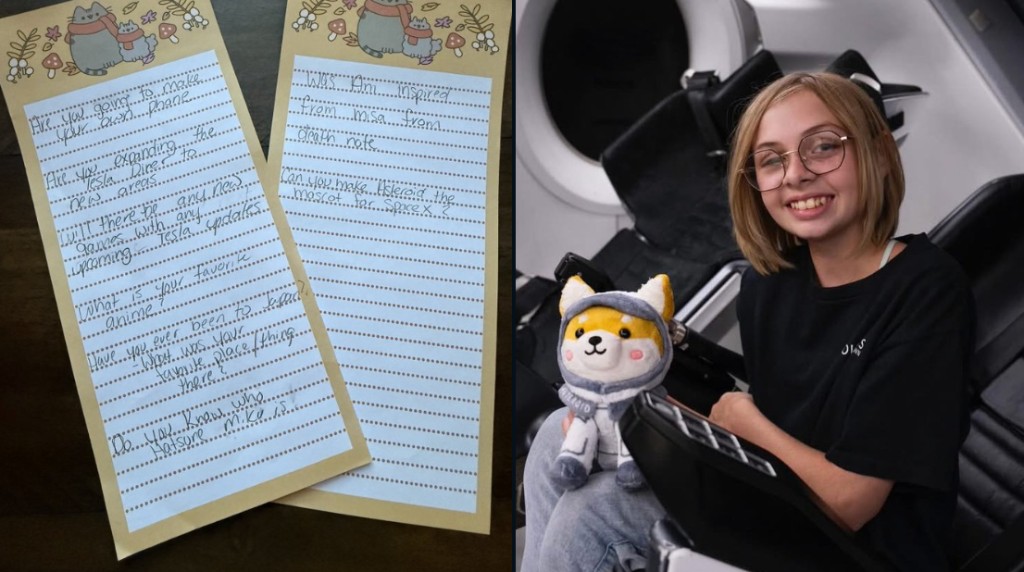 Liv Perrotto holding the Asteroid plush alongside her handwritten list of questions for Elon Musk.